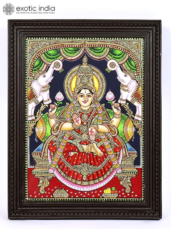 exotic india Goddess Gajalakshmi | 24 Karat Gold Work | Framed Tanjore Painting 