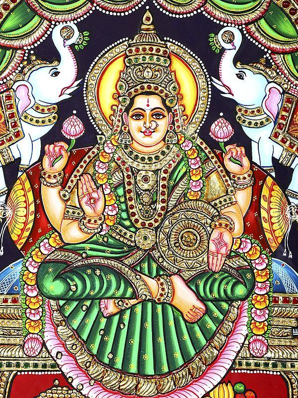 Exotic India Goddess Gajalakshmi | 24 Karat Gold Work | Framed Tanjore Painting