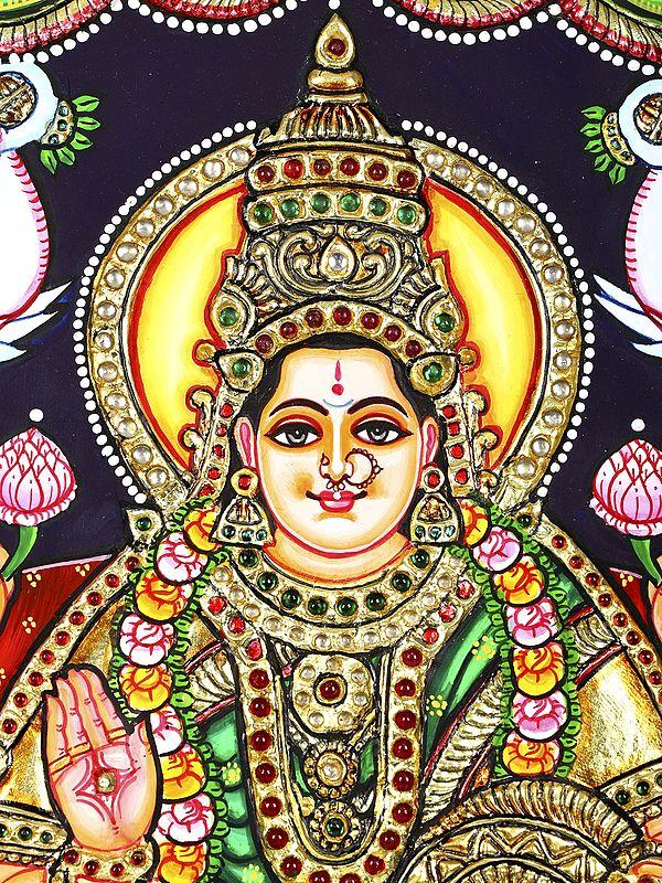 Exotic India Goddess Gajalakshmi | 24 Karat Gold Work | Framed Tanjore Painting