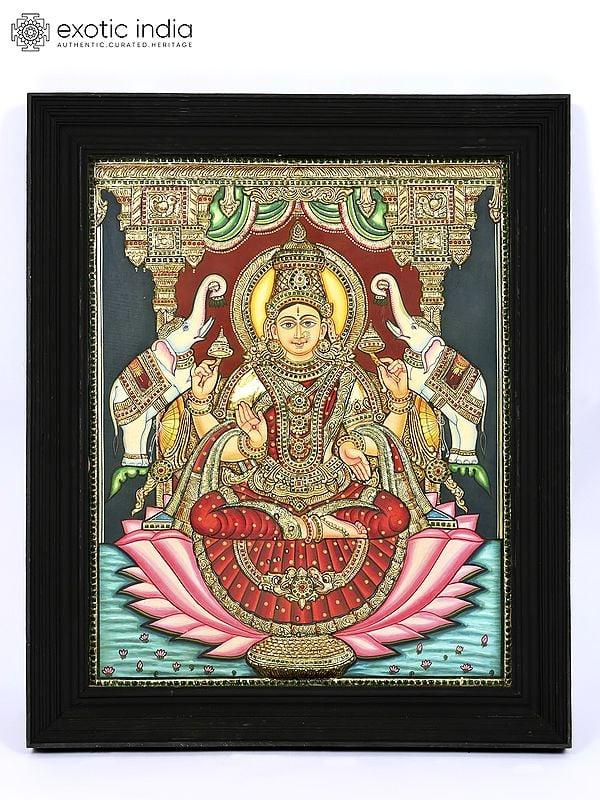 exotic india Goddess Gajalakshmi | 24 Karat Gold Work | Framed Tanjore Painting 