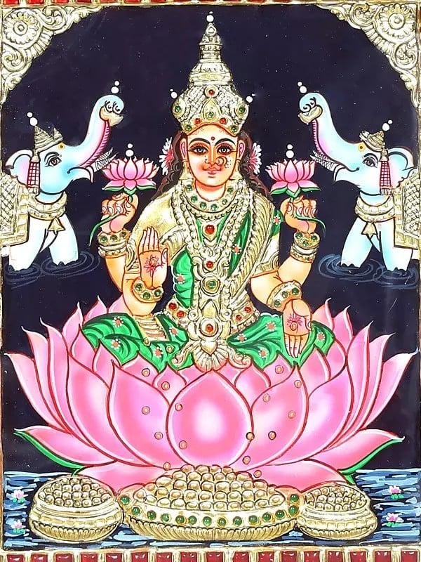 Exotic India Goddess Gajalakshmi | Framed Tanjore Painting