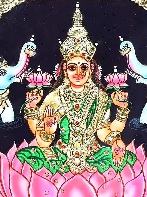 Exotic India Goddess Gajalakshmi | Framed Tanjore Painting