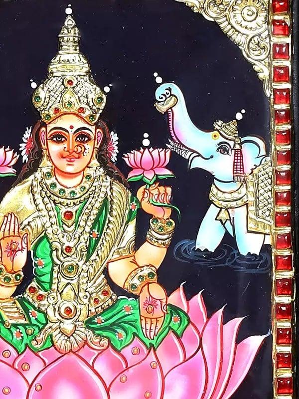 Exotic India Goddess Gajalakshmi | Framed Tanjore Painting