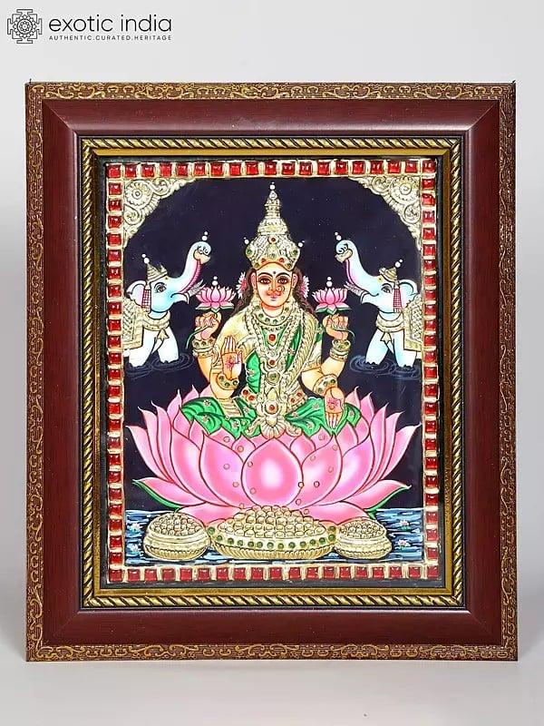exotic india Goddess Gajalakshmi | Framed Tanjore Painting
