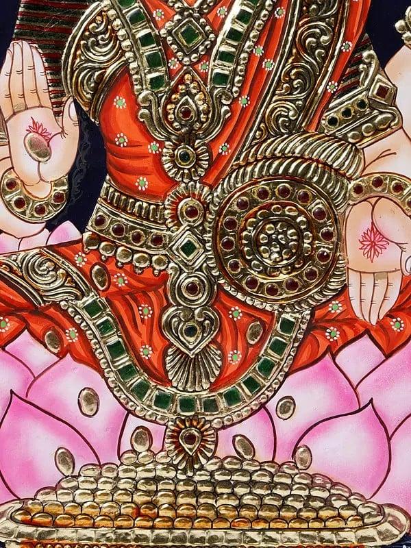 Exotic India Goddess Gajalakshmi Seated On Lotus | Framed Tanjore Painting | 24 Karat Gold Work