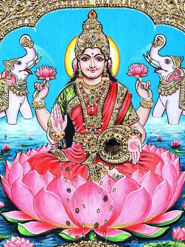 Exotic India Goddess Gajalakshmi Showering Wealth | 24 Karat Gold Work | Framed Tanjore Painting