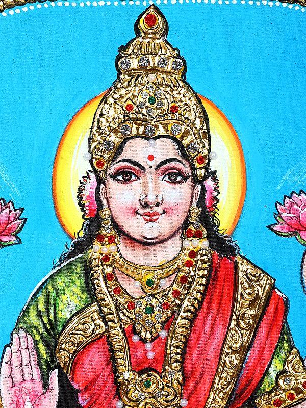 Exotic India Goddess Gajalakshmi Showering Wealth | 24 Karat Gold Work | Framed Tanjore Painting