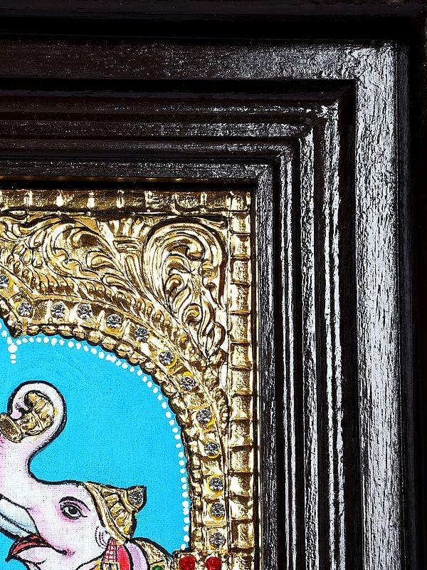Exotic India Goddess Gajalakshmi Showering Wealth | 24 Karat Gold Work | Framed Tanjore Painting
