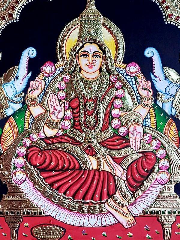 Exotic India Goddess Gajalakshmi Tanjore Painting | Traditional Colors With Gold Work