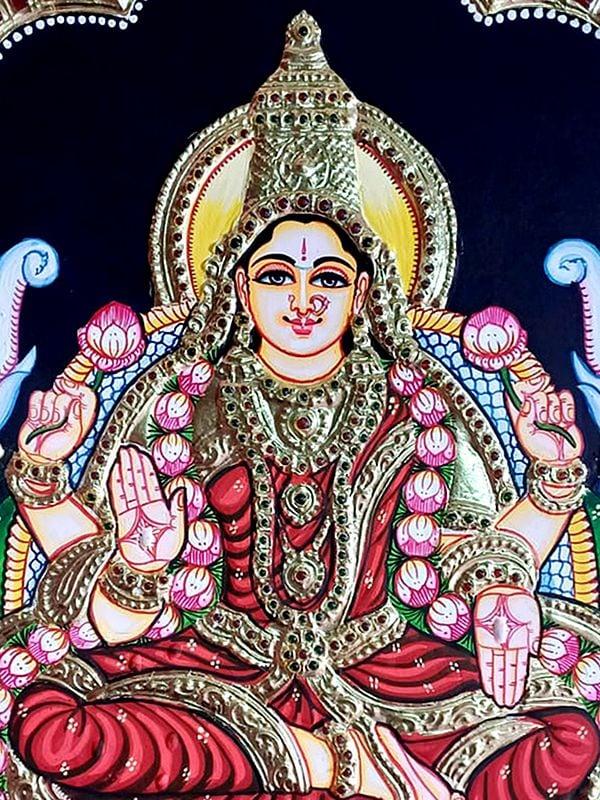 Exotic India Goddess Gajalakshmi Tanjore Painting | Traditional Colors With Gold Work