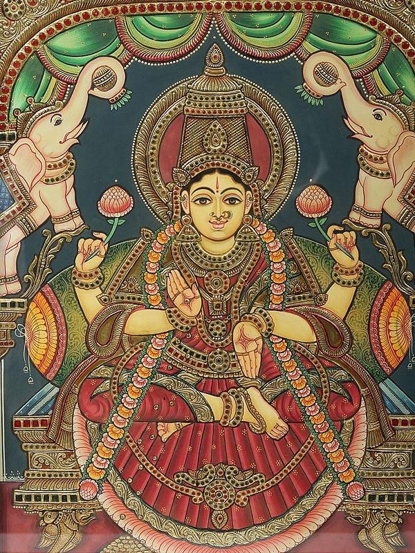 Exotic India Goddess Gajalakshmi Tanjore Painting | With Frame