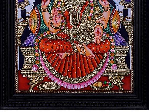 Exotic India Goddess Gajalakshmi Tanjore Painting With Frame | Traditional Colors With 24 Karat Gold 