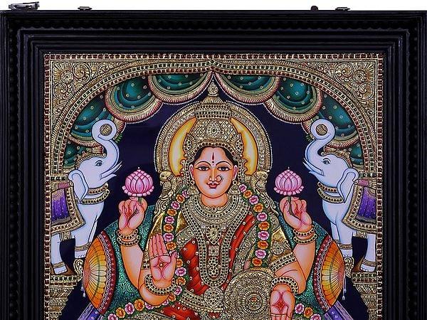 Exotic India Goddess Gajalakshmi Tanjore Painting With Frame | Traditional Colors With 24 Karat Gold 