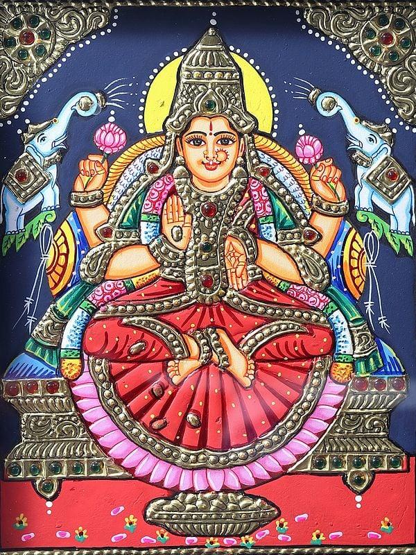 Exotic India Goddess Gajalakshmi Tanjore Painting With Teakwood Frame 