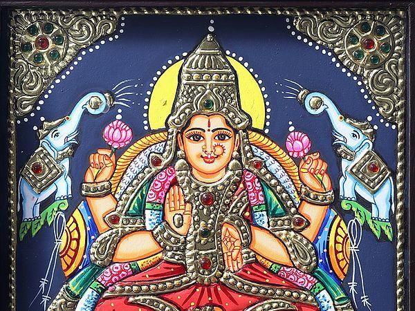 Exotic India Goddess Gajalakshmi Tanjore Painting With Teakwood Frame 