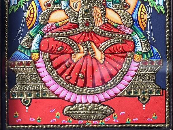 Exotic India Goddess Gajalakshmi Tanjore Painting With Teakwood Frame 