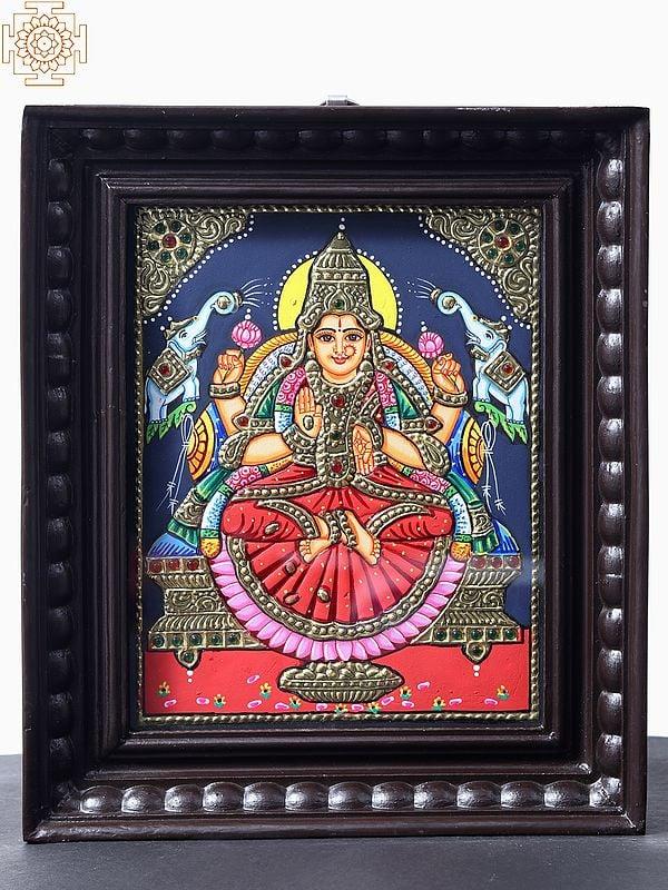 exotic india Goddess Gajalakshmi Tanjore Painting with Teakwood Frame