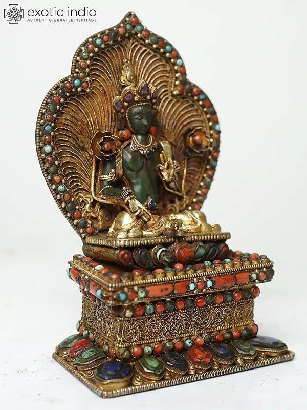 Exotic India Goddess Green Tara Seated On Ornamented Throne Margaj Stone Statue 