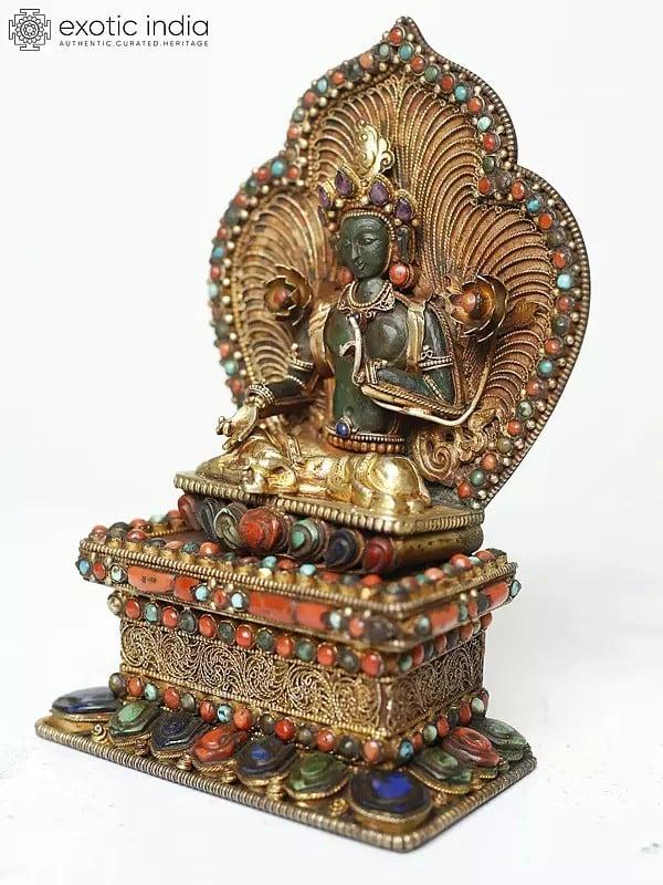 Exotic India Goddess Green Tara Seated On Ornamented Throne Margaj Stone Statue 