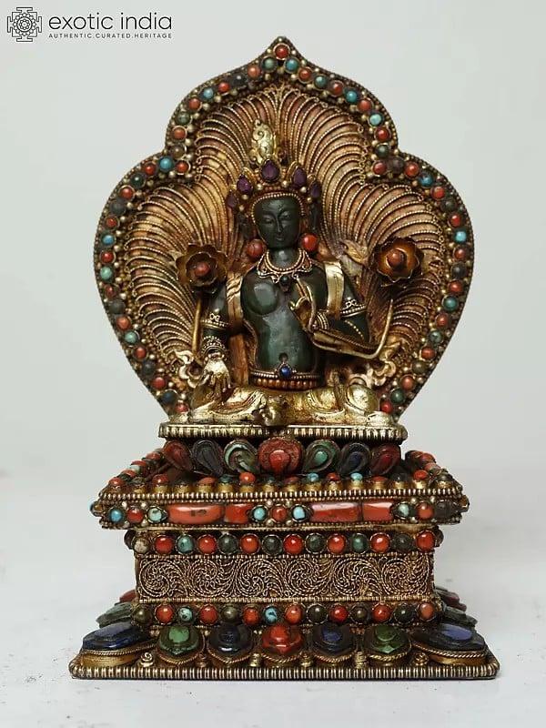 exotic india Goddess Green Tara Seated On Ornamented Throne Margaj Stone Statue 