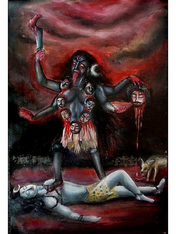 exotic india Goddess Kaali Standing On Shiva (Ten Mahavidya) | Acrylic On Paper | By Ankit Bagde 