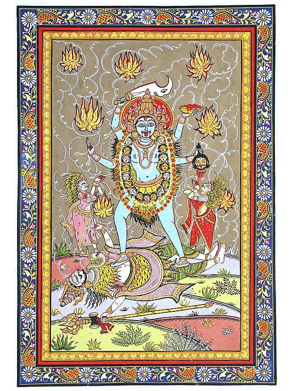 exotic india Goddess Kali Standing on Lord Shiva | Pattachitra Painting 