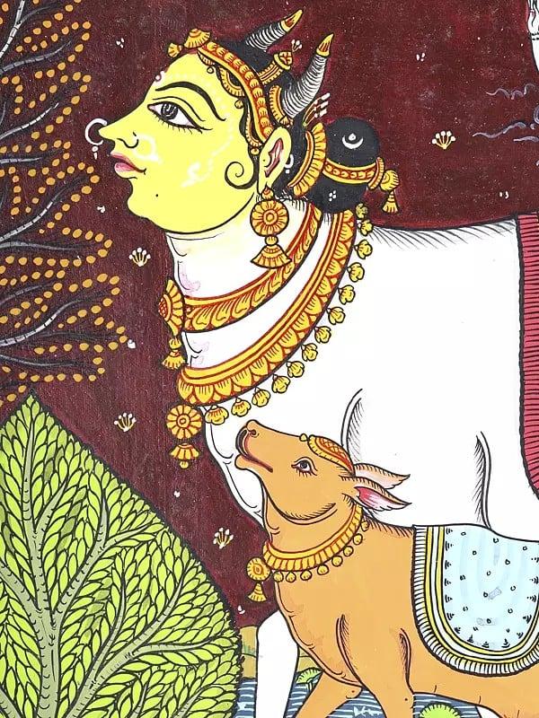 Exotic India Goddess Kamadhenu Doing Abhisheka Of Shivalinga With Her Milk | Pattachitra Painting