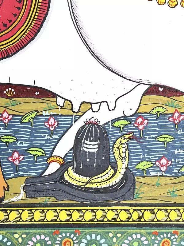 Exotic India Goddess Kamadhenu Doing Abhisheka Of Shivalinga With Her Milk | Pattachitra Painting