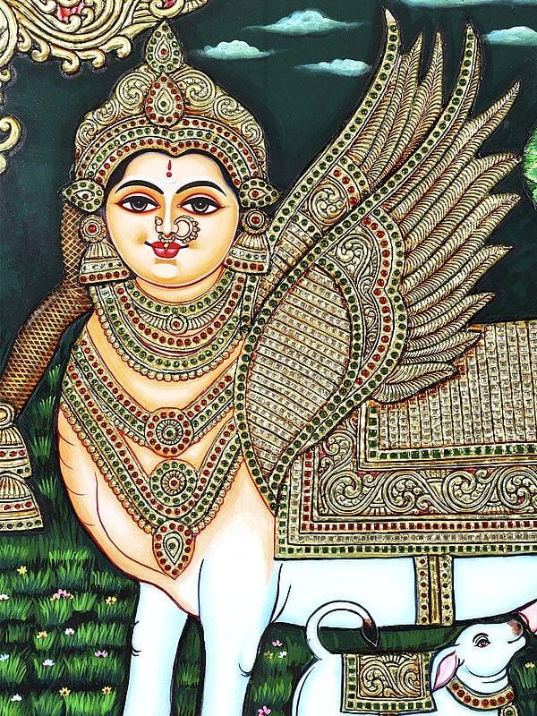 Exotic India Goddess Kamadhenu With Calf | 24 Karat Gold Work | Framed Tanjore Painting 