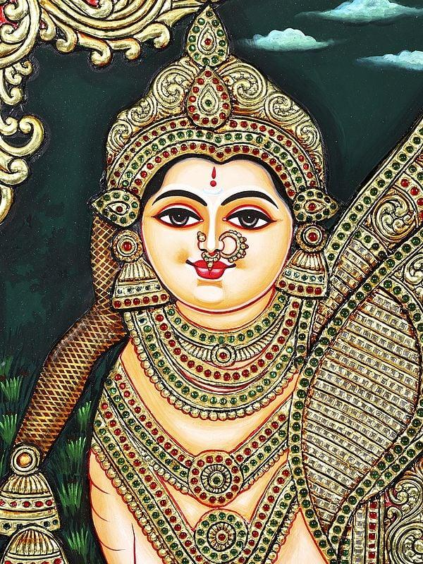 Exotic India Goddess Kamadhenu With Calf | 24 Karat Gold Work | Framed Tanjore Painting 