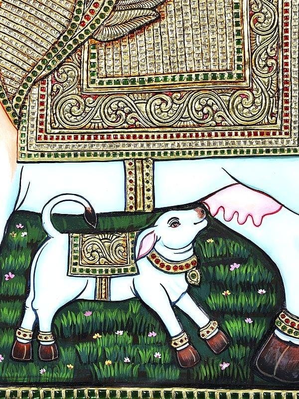 Exotic India Goddess Kamadhenu With Calf | 24 Karat Gold Work | Framed Tanjore Painting 