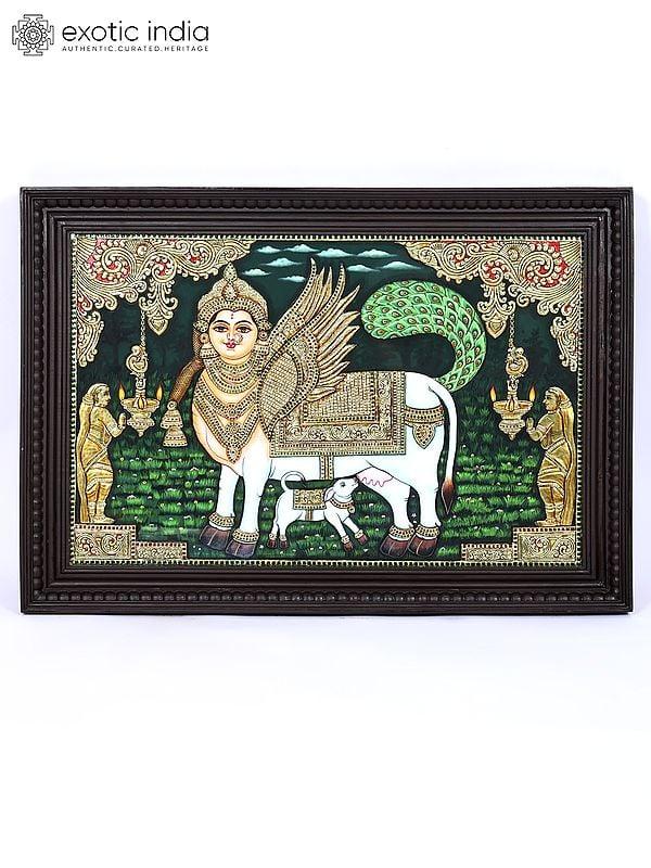 exotic india Goddess Kamadhenu with Calf | 24 Karat Gold Work | Framed Tanjore Painting 