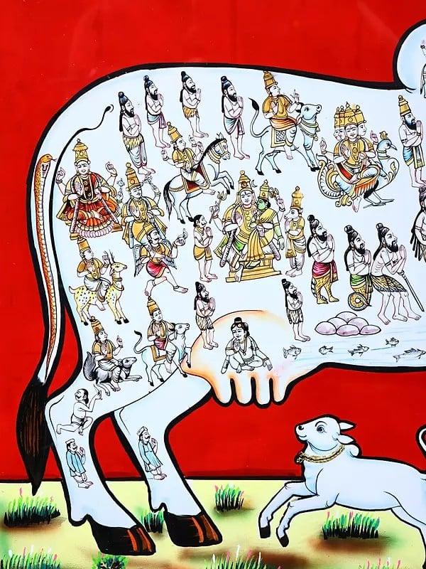 Exotic India Goddess Kamadhenu Worshipped By Vashista Muni | 24 Karat Gold Work | Framed Tanjore Painting 