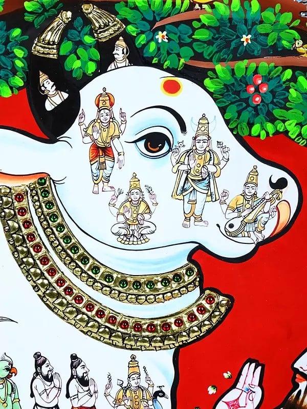 Exotic India Goddess Kamadhenu Worshipped By Vashista Muni | 24 Karat Gold Work | Framed Tanjore Painting 