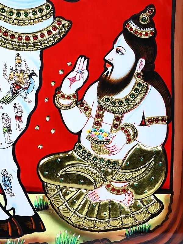 Exotic India Goddess Kamadhenu Worshipped By Vashista Muni | 24 Karat Gold Work | Framed Tanjore Painting 