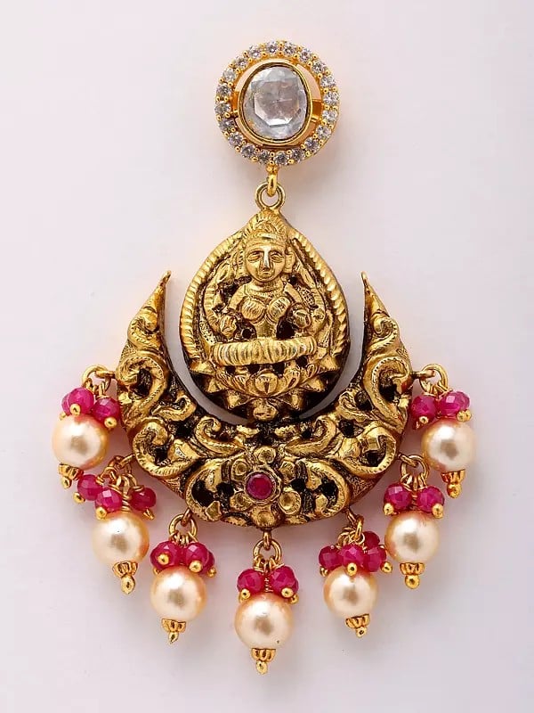 Exotic India Goddess Lakshmi ChandelIer Earrings With Dangling Ruby And Pearls 