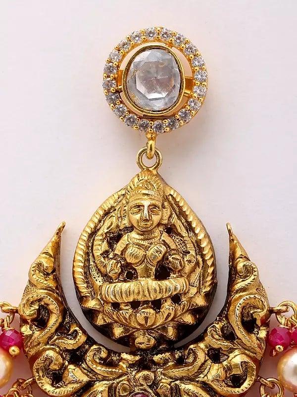 Exotic India Goddess Lakshmi ChandelIer Earrings With Dangling Ruby And Pearls 
