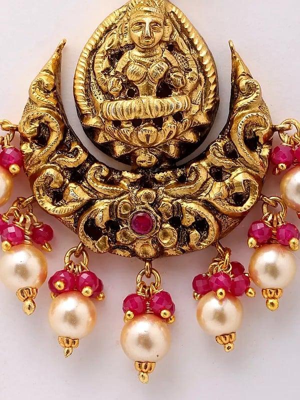Exotic India Goddess Lakshmi ChandelIer Earrings With Dangling Ruby And Pearls 