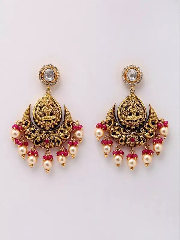 exotic india Goddess Lakshmi ChandelIer Earrings with Dangling Ruby and Pearls 
