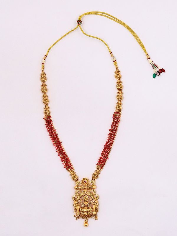 Exotic India Goddess Lakshmi Long Temple Necklace And Earring Set With Beads