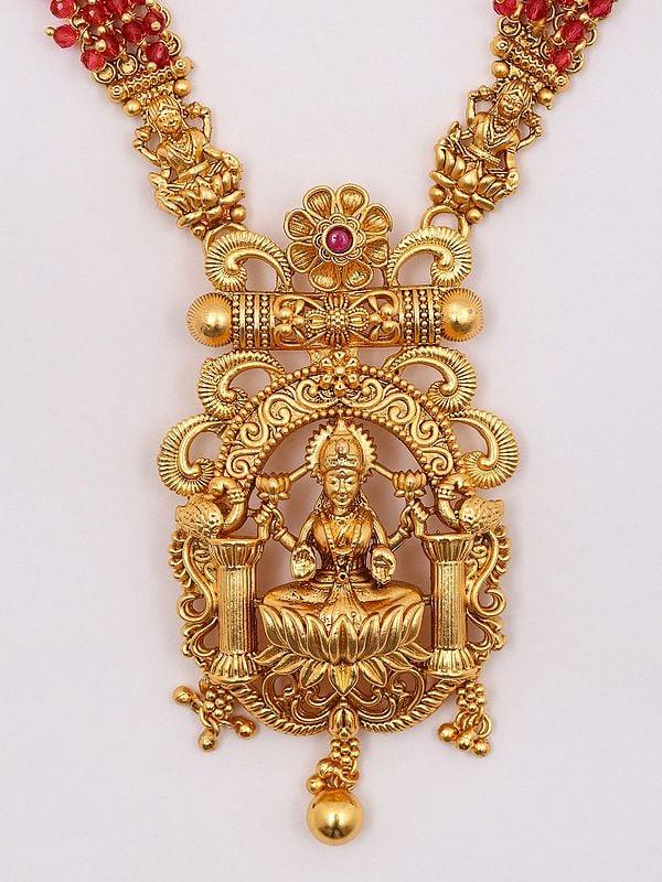 Exotic India Goddess Lakshmi Long Temple Necklace And Earring Set With Beads