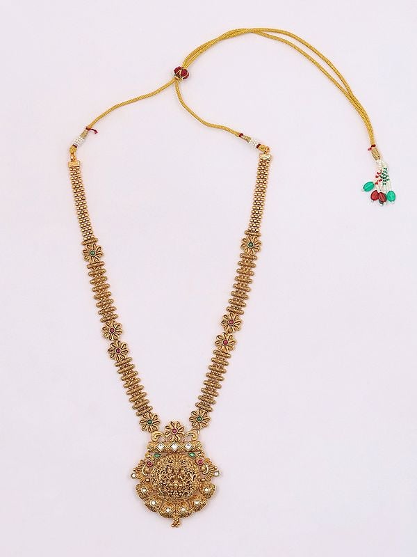 Exotic India Goddess Lakshmi Long Temple Necklace And Earring Set With Beads