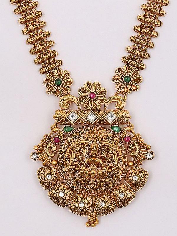 Exotic India Goddess Lakshmi Long Temple Necklace And Earring Set With Beads