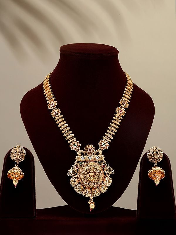 exotic india Goddess Lakshmi Long Temple Necklace and Earring Set with Beads 