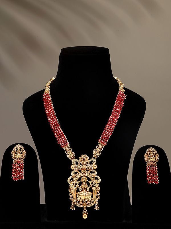 exotic india Goddess Lakshmi Long Temple Necklace and Earring Set with Beads 
