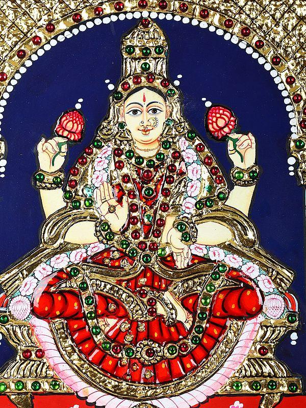 Exotic India Goddess Lakshmi Lord Ganesha And Devi Saraswati | 24 Karat Gold Work | Framed Tanjore Painting