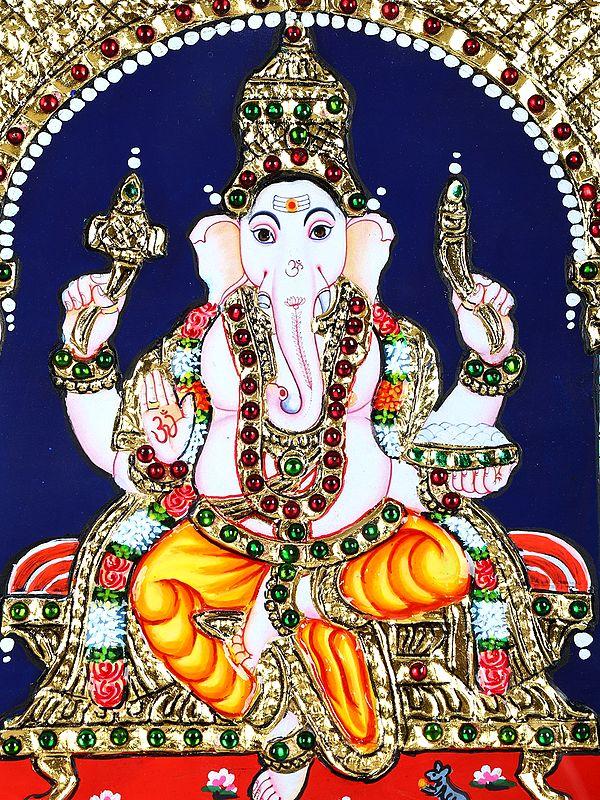 Exotic India Goddess Lakshmi Lord Ganesha And Devi Saraswati | 24 Karat Gold Work | Framed Tanjore Painting