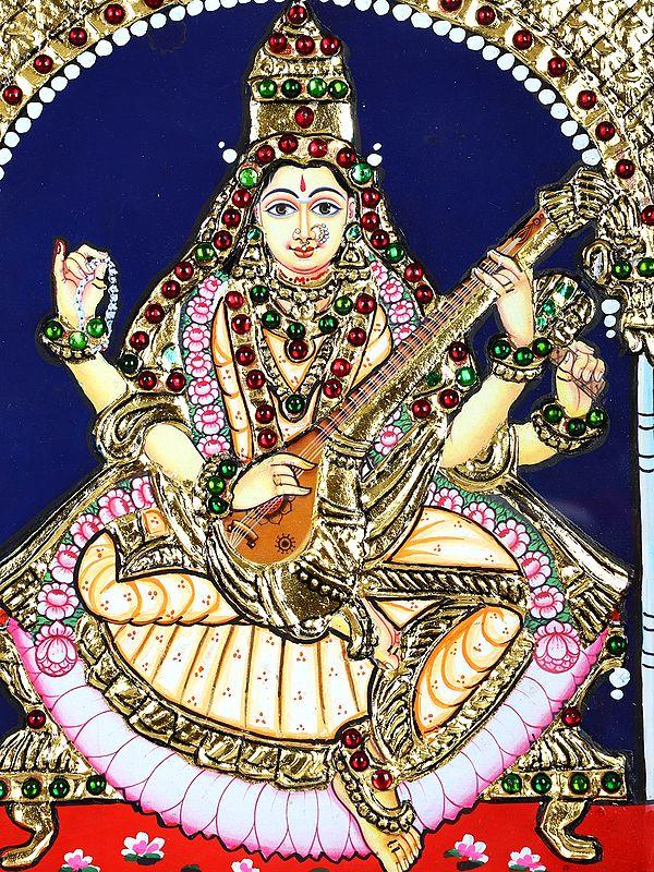 Exotic India Goddess Lakshmi Lord Ganesha And Devi Saraswati | 24 Karat Gold Work | Framed Tanjore Painting