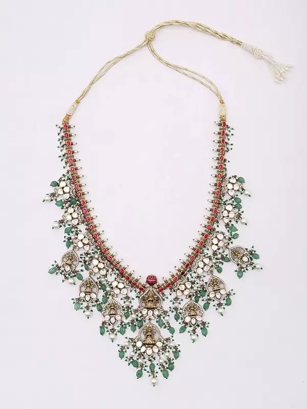 Exotic India Goddess Lakshmi Moissanite Polki Kundan Studded Necklace Set With Earrings 