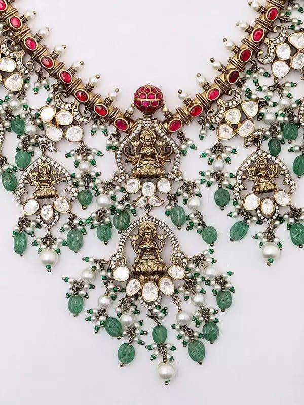 Exotic India Goddess Lakshmi Moissanite Polki Kundan Studded Necklace Set With Earrings 